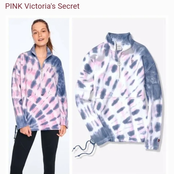 VS VICTORIAS SECRET PINK PREMIUM  QUARTER ZIP SWEATER JACKET TIE DYE Sz L - Picture 2 of 8